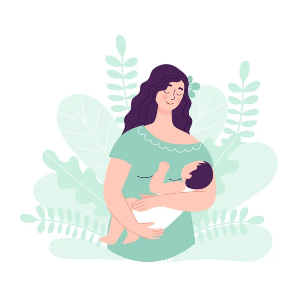 Beautiful Cute Woman Baby Her Hand Concept Breast Feeding Successful — Stock Vector