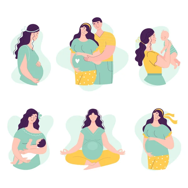 Ensemble Belles Jeunes Femmes Enceintes Avec Homme Bébé Concept Maternité — Image vectorielle