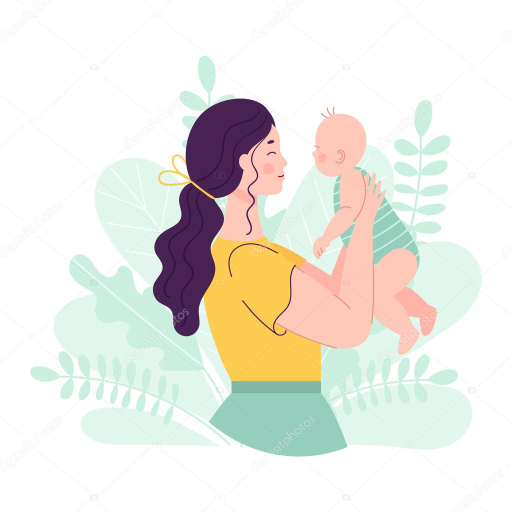 Beautiful young woman holding a baby. The concept of happy motherhood, family, love. Vector illustration in flat style on floral background.
