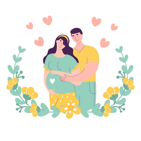 Красивая молодая пара ждет ребенка. Беременная женщина с мужчиной. Счастливая семейная концепция, успешная беременность, планирование беременности. Векторная иллюстрация в плоском стиле на белом фоне. — стоковый вектор