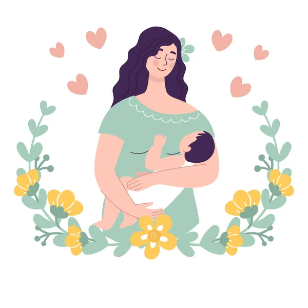 Hermosa mujer joven sosteniendo un bebé. El concepto de maternidad feliz, familia, amor. Ilustración vectorial en estilo plano sobre fondo blanco en marco floral. — Vector de stock