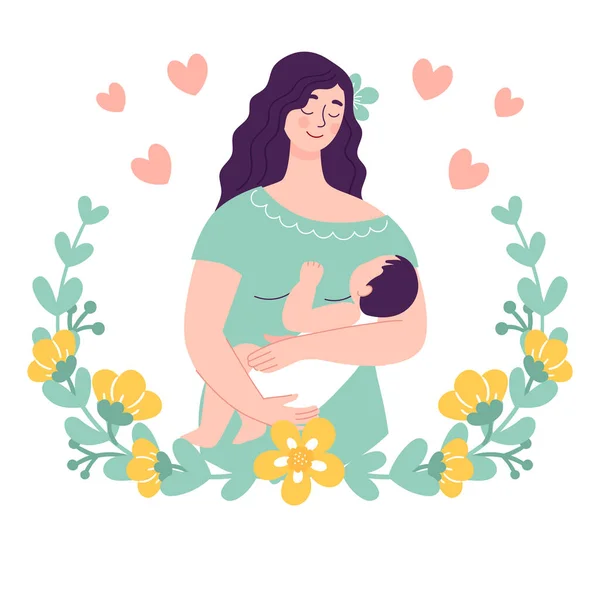 Schöne junge Frau mit einem Baby. Das Konzept der glücklichen Mutterschaft, Familie, Liebe. Vektorillustration in flachem Stil auf weißem Hintergrund in einem floralen Rahmen. — Stockvektor