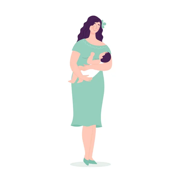 Gyönyörű, fiatal nő, aki egy babát tart a kezében. A boldog anyaság, a család, a szeretet fogalma. Vektor illusztráció lapos stílusban, fehér alapon. — Stock Vector