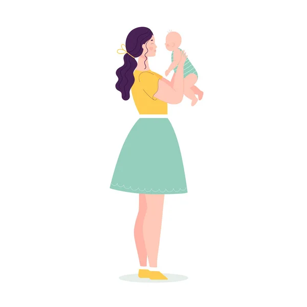 Piękna młoda kobieta w pełnym wzroście trzymająca dziecko. Koncepcja szczęśliwego macierzyństwa, rodziny, miłości. Ilustracja wektora w płaskim stylu na białym tle. — Wektor stockowy