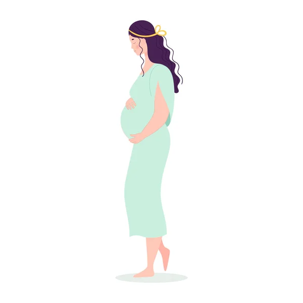 만장 한 임신 한 아리따운 여성. 행복 한 모성 개념, 임신 계획. 하얀색 바탕에 평평 한 형태로 그려진 벡터 그림. — 스톡 벡터
