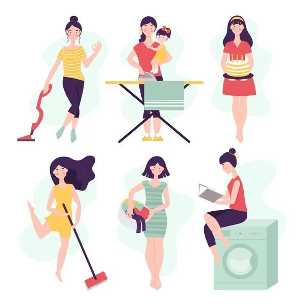 Conjunto de mulheres em diferentes trabalhos em casa sobre fundo branco. Donas de casa para lavar, limpar, passar roupa, com um esfregão e aspirador de pó. Ilustração vetorial em estilo plano —  Vetores de Stock