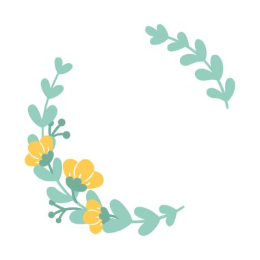 Şirin, narin çiçek deseni. Çiçekli ve yapraklı çelenk. Düğün davetiyeleri ve kartlar için dekorasyon. Vektör el çizimi beyaz arkaplanda izole edildi