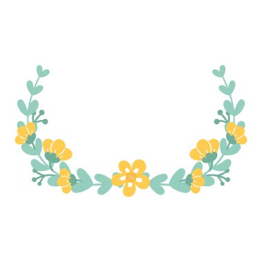 Şirin, narin çiçek deseni. Çiçekli ve yapraklı çelenk. Düğün davetiyeleri ve kartlar için dekorasyon. Vektör el çizimi beyaz arkaplanda izole edildi