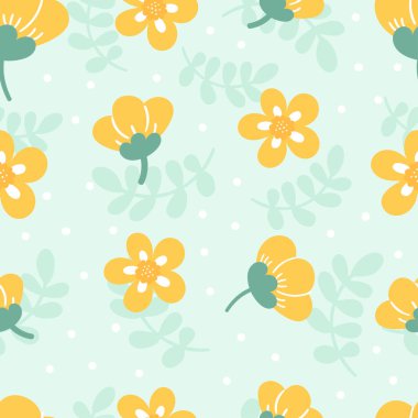 Mavi arka planda çiçekleri olan sevimli, hassas bir vektör deseni. Bebek eşyaları, kumaşlar, hatıra defteri, ambalaj, tekstil için arka plan.