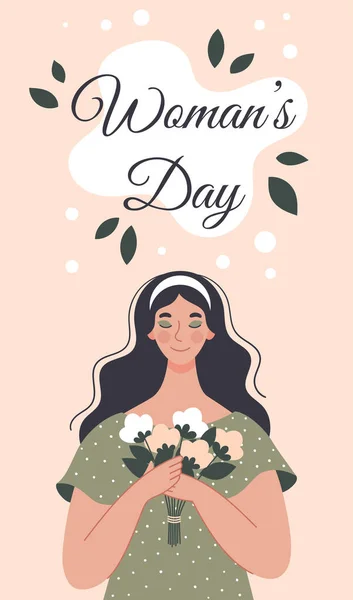 Hermosa mujer con un ramo de flores. Postal para el día de las mujeres. Ilustración vectorial en estilo plano — Vector de stock