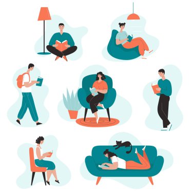 Farklı ortamlarda okuyan bir grup insan. Okuma ve kitap okuma aşkı. Kitapları olan kadın ve erkekler. Evde eğitim, kütüphane. Düz biçimli vektör illüstrasyonu