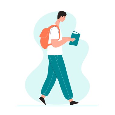 Bir adam yürürken kitap okur. Kitaplara, okumaya, öğrenmeye, sınava hazırlanmaya duyulan sevgi konsepti. Düz vektör karakteri.