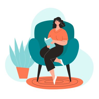 Genç kadın evdeki koltukta otururken bir kitap okuyor. Kitaplara, okumaya, öğrenmeye, sınava hazırlanmaya duyulan sevgi konsepti. Düz vektör karakteri.