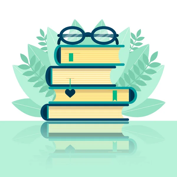 Un montón de libros con gafas. Concepto de aprendizaje, amor por la lectura. Biblioteca. Ilustración vectorial en estilo plano de dibujos animados — Archivo Imágenes Vectoriales