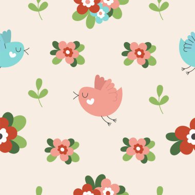 Tatlı bahar çiçekleri, kuşlar ve yapraklarla kusursuz bir desen. Hediye paketleme, bahar tatili ve selamlama için dekor. Basit düz el tarzında resimleme