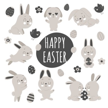 Beyaz arka planda şirin Paskalya tavşanları, çiçekler ve süslü yumurtalar. Paskalya 'nın geleneksel sembolü. Farklı pozlardaki komik hayvanlar..