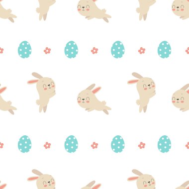 Paskalya tavşanları yumurta ve çiçeklerle süslenmiş hoş, pürüzsüz bir desen. Paskalya 'nın geleneksel sembolü. Farklı pozlardaki komik hayvanlar..
