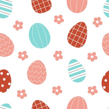 Paskalya süslemeli yumurtalarla kusursuz desen. Paskalya 'nın geleneksel sembolü. Basit düz el tarzında resimleme