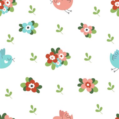 Tatlı bahar çiçekleri ve yaprakları olan kusursuz bir desen. Hediye paketleme, bahar tatili ve selamlama için dekor. Basit düz el tarzında resimleme