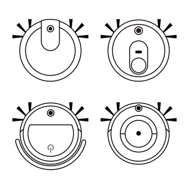 Robot elektrikli süpürge seti. Ev temizlik ekipmanları. Beyaz arkaplanda izole edilmiş taslak biçiminde vektör illüstrasyonu.