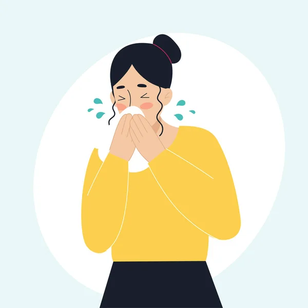 The sick woman has a runny nose, sneezing. The concept of sick people, fever, colds and viral diseases, coronaviras, covid. Illustration in flat style — Stock Vector