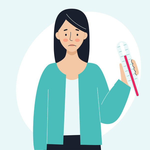 A sick woman holds a thermometer in his hand. The concept of sick people, fever, colds and viral diseases, coronaviras, covid. Illustration in flat style
