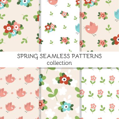 Sevimli bahar çiçekleri, kuşlar ve yaprakları olan pürüzsüz desenler. Hediye paketleme, bahar tatili ve selamlama için dekor. Basit düz el tarzında resimleme