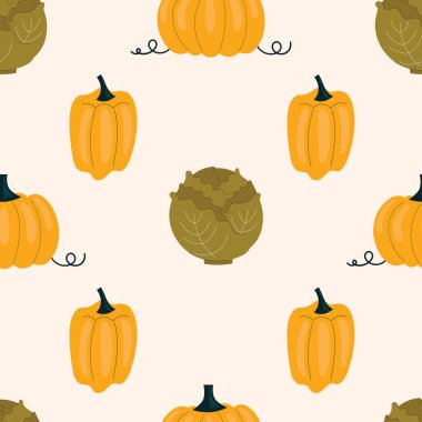 Lahana, sarı biber ve kırmızı biberli kusursuz desen. Sebzeler, vitaminler, vejetaryenlik. Işık arkaplanındaki düz görünüm.