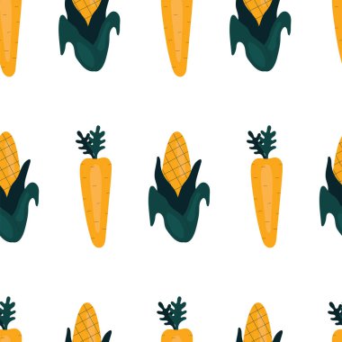 Havuç ve mısırla basit, pürüzsüz bir desen. Sebzeler, vitaminler, vejetaryenlik, sağlıklı beslenme, beslenme, atıştırma, hasat. Çizim düz biçimli