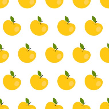 Sarı elmalı basit, pürüzsüz bir desen. Meyveler, vitaminler, vejetaryenlik, sağlıklı beslenme, beslenme, atıştırma, hasat. Çizim düz biçimli