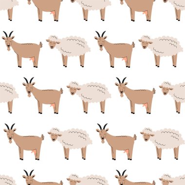 Beyaz tüylü koyunları ve keçileri olan kusursuz bir desen. Çiftlik hayvanlarıyla geçmiş. Duvar kağıdı, ambalaj. Düz vektör illüstrasyonu