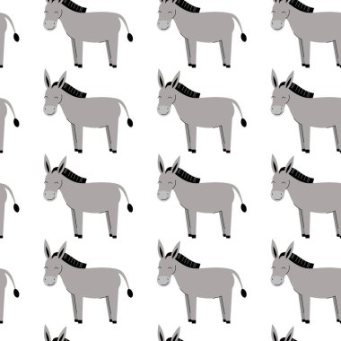 Gri eşeklerle kusursuz bir desen. Çiftlik hayvanlarıyla geçmiş. Duvar kağıdı, ambalaj. Düz vektör illüstrasyonu