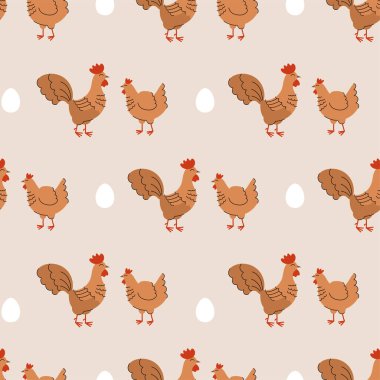 Şirin tavuklar ve horozlarla kusursuz bir desen. Çiftlik hayvanları ve kuşlarla dolu bir arka plan. Duvar kağıdı, ambalaj. Düz vektör illüstrasyonu.