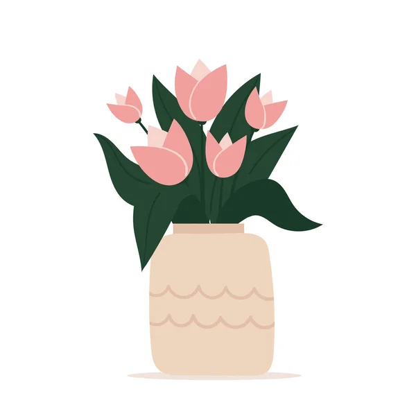 Mooie stijlvolle vaas met een boeket bloemen. Wenskaart. Moederdag, internationale vrouwendag, verjaardag. Lente platte vector illustratie geïsoleerd op witte achtergrond. — Stockvector