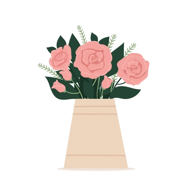 Mooie stijlvolle vaas met een boeket bloemen. Wenskaart. Moederdag, internationale vrouwendag, verjaardag. Lente platte vector illustratie geïsoleerd op witte achtergrond. — Stockvector