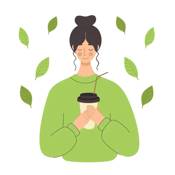 Mujer joven bebe té matcha en una taza de plástico. Tradiciones japonesas, té verde, café para llevar. Cafetería. Ilustración plana — Vector de stock