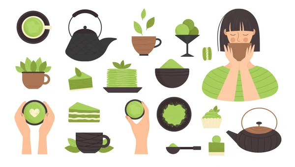 Té Matcha, conjunto de elementos. Ceremonia tradicional japonesa del té. Té verde, comida saludable, postres, tazas, teteras. Ilustración en estilo plano — Vector de stock