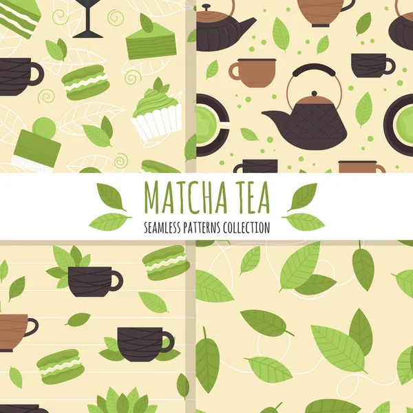 Állítsa össze a zökkenőmentes minták matcha tea elemeket. Hagyományos japán teaszertartás. Egészséges életmód, harmónia. Egy élénkítő ital. Illusztráció lapos stílusban — Stock Vector