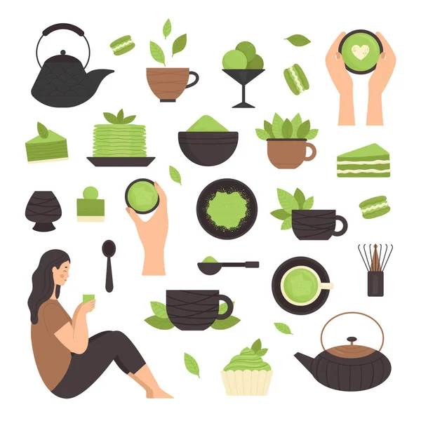 Té Matcha, conjunto de elementos. Ceremonia tradicional japonesa del té. Té verde, comida saludable, postres, tazas, teteras. Ilustración en estilo plano — Vector de stock