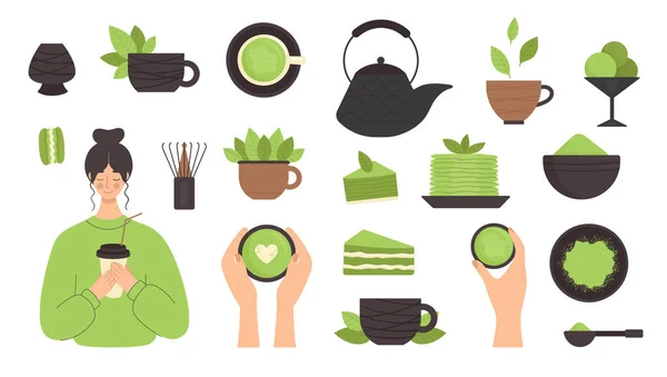 Té Matcha, conjunto de elementos. Ceremonia tradicional japonesa del té. Té verde, comida saludable, postres, tazas, teteras. Ilustración en estilo plano — Vector de stock