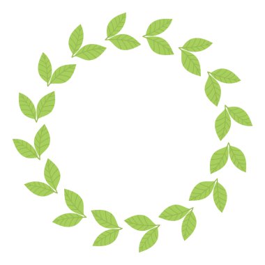 Yeşil yapraklı yuvarlak çerçeve. Şablon, metin yeri, kart tasarımı, afişler. Yeşil çay yaprakları, matcha. Sağlıklı yaşam tarzı, ekoloji, bahar dönemi. Çizim düz biçimli