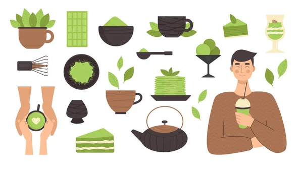 Té Matcha, conjunto de elementos. Ceremonia tradicional japonesa del té. Té verde, comida saludable, postres, tazas, teteras. Ilustración en estilo plano — Vector de stock