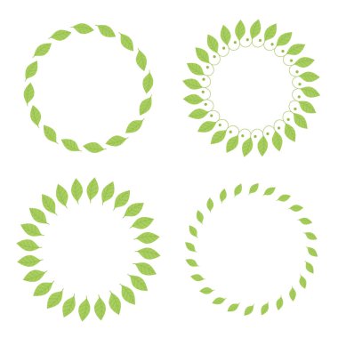 Yeşil yapraklı yuvarlak çerçeveler kurun. Şablon, metin yeri, kart tasarımı, afişler. Yeşil çay yaprakları, matcha. Sağlıklı yaşam tarzı, ekoloji, bahar dönemi. Çizim düz biçimli