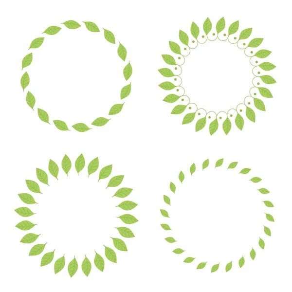 Impostare cornici rotonde con foglie verdi. Modello, posto per testo, disegno di carte, striscioni. Foglie di tè verde, matcha. Stile di vita sano, ecologia, cornice primaverile. Illustrazione in stile piatto — Vettoriale Stock