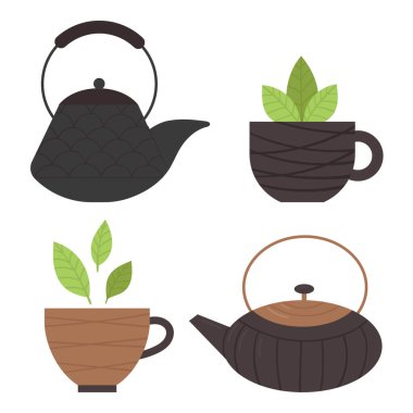 Matcha çayı için Japon çaydanlığı ve fincanı. Geleneksel Japon çay töreni. Yeşil çay, sağlıklı yemek, tatlılar, fincanlar, çaydanlıklar. Çizim düz biçimli