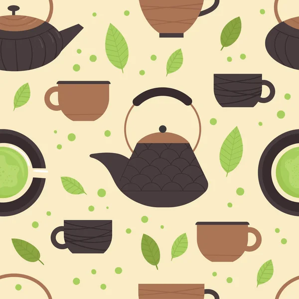 Zökkenőmentes minta matcha tea elemekkel. Hagyományos japán teaszertartás. Egészséges életmód, harmónia. Egy élénkítő ital. Illusztráció lapos stílusban — Stock Vector