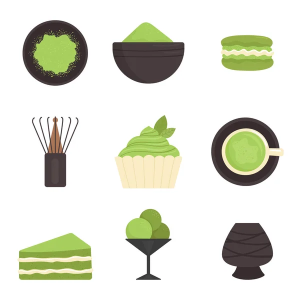 Té Matcha, conjunto de elementos. Ceremonia tradicional japonesa del té. Té verde, comida saludable, postres, tazas, teteras. Ilustración en estilo plano — Vector de stock