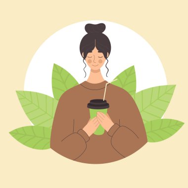 Genç bir kadın plastik bardakta kibrit çay içiyor. Japon gelenekleri, yeşil çay, paket kahve. Kahve evi. Düz Çizim