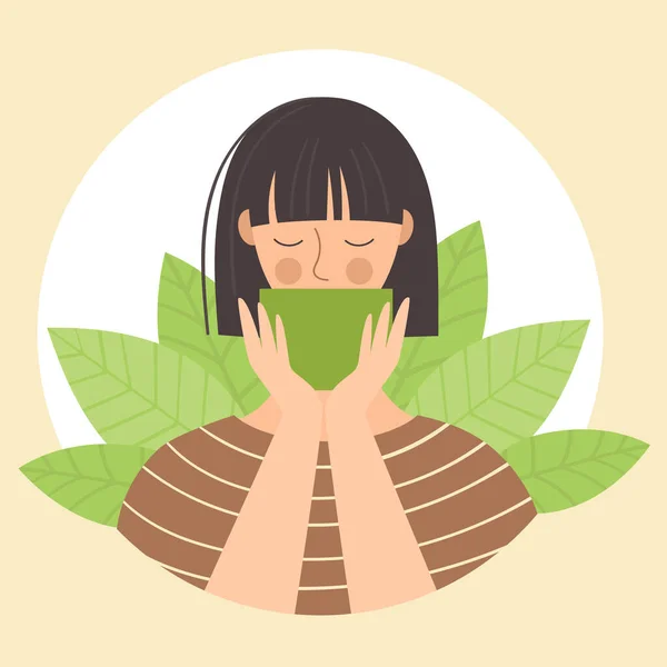 Genç bir kadın fincandan çay içiyor. Japon gelenek töreni, matcha çayı, yeşil çay. Sağlık ve uyum kavramı. Düz Çizim