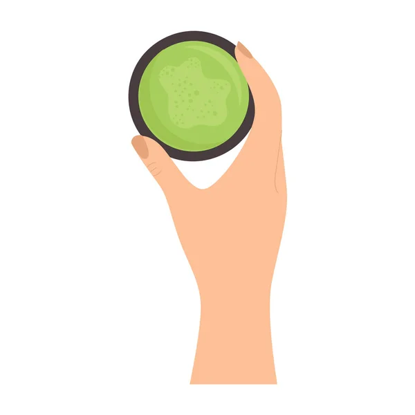 Las manos sostienen una taza de té matcha verde. Bebida saludable tradicional japonesa. Ceremonia del té. Vector plano de dibujos animados — Archivo Imágenes Vectoriales